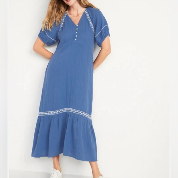 Old Navy Blue Crinkle Crepe Embroidered Peasant Boho Long Maxi Dress Plus Xxl - Picture 2 of 9